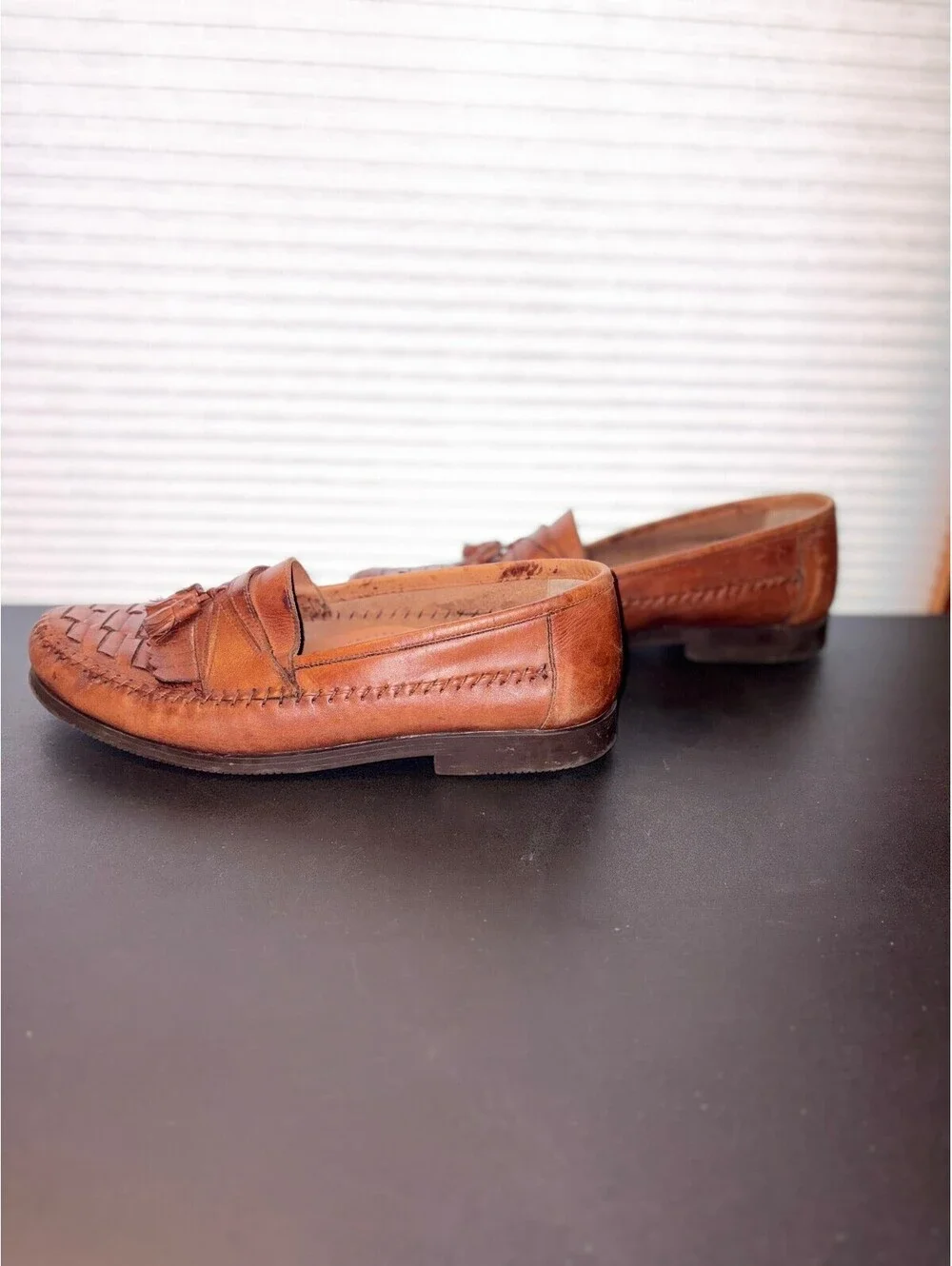Vintage 90s Giorgio Brutini 13D Brown Woven Leather Kiltie Tassel Loafers 1286